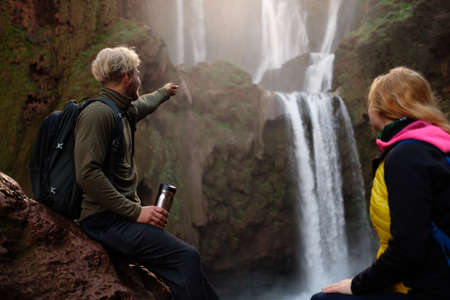 Adventurer couple near Ouzoud waterfall in Moroccoの写真素材