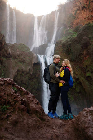 Adventurer couple near Ouzoud waterfall in Moroccoの写真素材