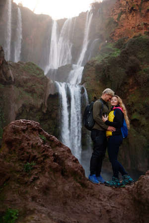 Adventurer couple near Ouzoud waterfall in Moroccoの写真素材
