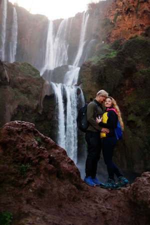 Adventurer couple near Ouzoud waterfall in Moroccoの写真素材