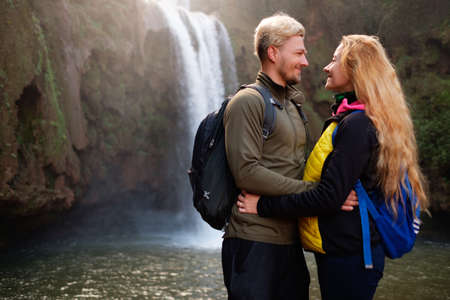 Adventurer couple near Ouzoud waterfall in Moroccoの写真素材