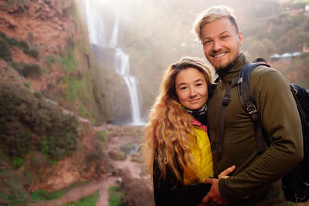 Adventurer couple near Ouzoud waterfall in Moroccoの写真素材