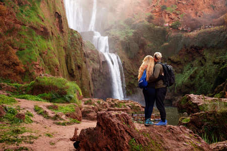 Adventurer couple near Ouzoud waterfall in Moroccoの写真素材