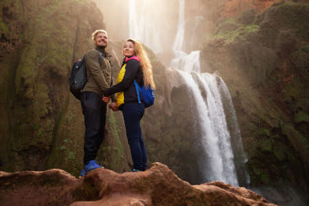 Adventurer couple near Ouzoud waterfall in Moroccoの写真素材