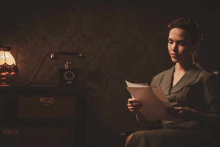 Beautiful woman reading in retro interiorの写真素材