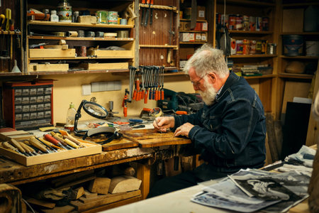 Senior wood carving professional during work