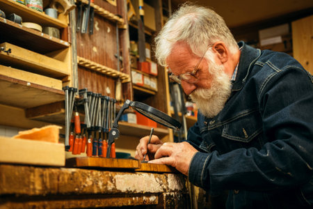 Senior wood carving professional during workの写真素材