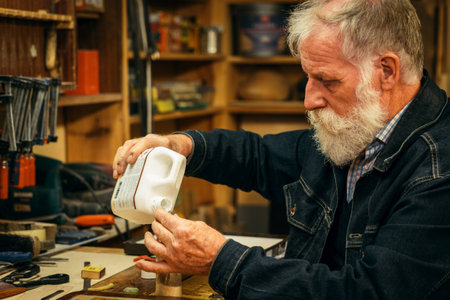 Senior wood carving professional during workの写真素材