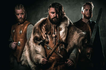 Vikings with their konung in a traditional warrior clothes.