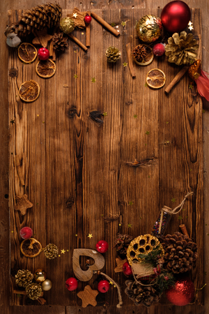 Wooden table with Christmas decorationの写真素材