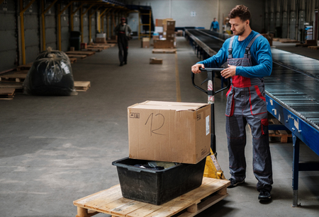Warehouse worker with a pallet rackの写真素材