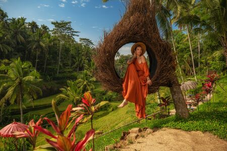 Woman enyoing wiew of Tegalalang Rice Terrace, Bali.の写真素材