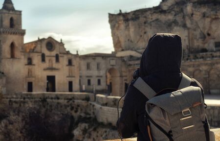 Photographer taking pictures of beautiful Matera town, Italyの写真素材