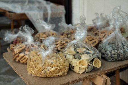 Fresh handmade typical Orecchiette pasta in Bari, Italyの写真素材