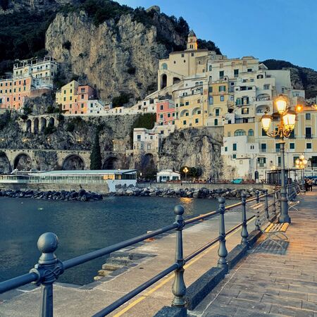 View of a Amalfi town at sunset, Italyの写真素材