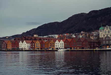 Wooden houses at Tyskebryggen in Bergen, Norwayの写真素材