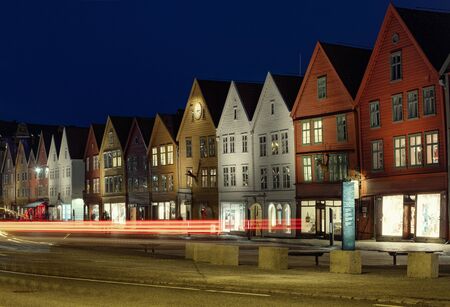 View of Tyskebryggen in Bergen at night, Norwayの写真素材