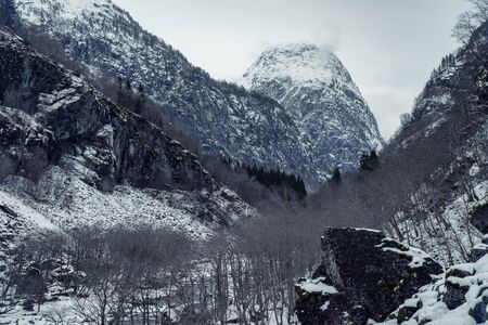 Stalheimsfossen waterfall in Naeroydalen valley, Norwayの写真素材