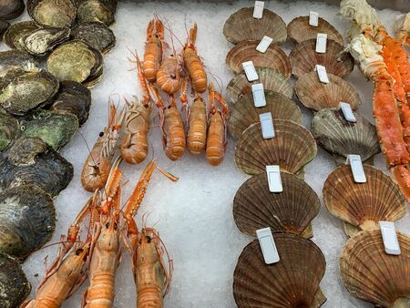 Various seafood at fish market in Bergen, Norway.の写真素材