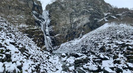 Stalheimsfossen waterfall in Naeroydalen valley, Norwayの写真素材