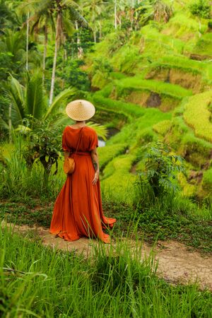 Woman walking on Tegalalang Rice Terrace, Baliの写真素材