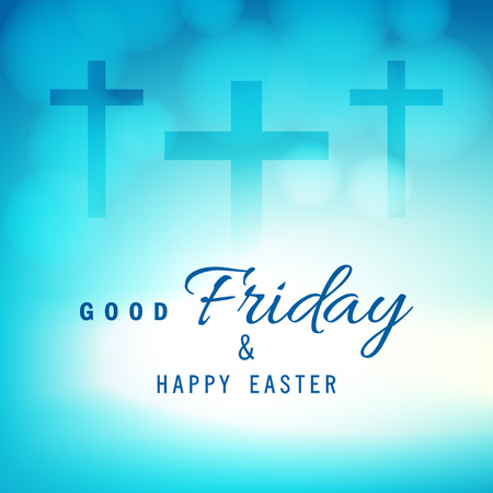 Silhouette of three crosses and text calligraphy 'Good Friday and Happy Easter' on blue bokeh background. Vector illustration.のイラスト素材