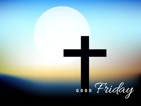 Cross  silhouette with text calligraphy good friday on sky background. Vector illustration.のイラスト素材