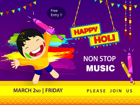 Abstract design of Indian hindu festival Holi , festival of colors  , editable vectors composed of happy kid , water color with splash and Text of Happy Holiのイラスト素材