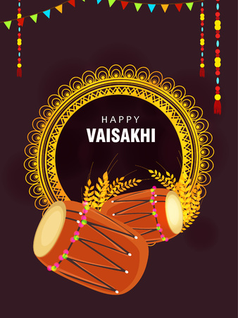 Illustration of Happy Vaisakhi / Baisakhi Punjabi festival celebration background with Punjabi celebration elements and stylish text of Happy Vaisakhiのイラスト素材