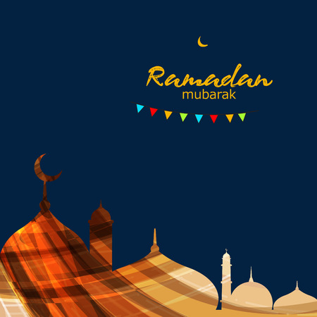 Creative Arabic pattern with Islamic Calligraphy, lamps, frame and mosque on shiny background, Vector Illustration for Muslim holy month Ramadan Kareem.のイラスト素材