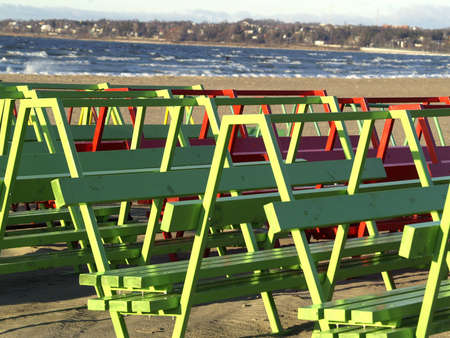 Benches on the beachの写真素材