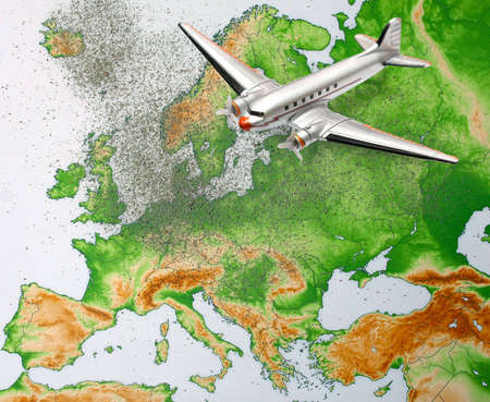 Europe map with volcano dust and airplaneの写真素材