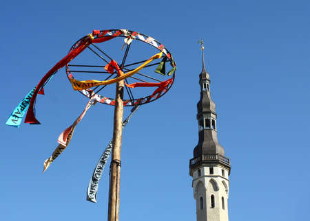 Tallinn, Estonia - June 5, 2010: Decoration and Tower on Town Hall Square. Tallinn Old Town Days のeditorial素材