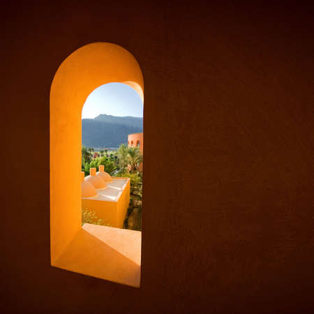 Wonderful view from the window at the mountainsの写真素材