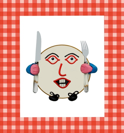 plate on a tablecloth, character very very hungryの写真素材