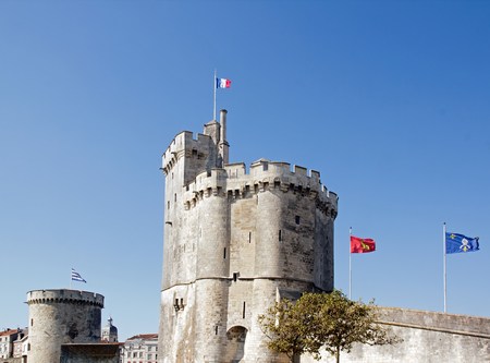 harbor of La Rochelle, fortifications and flags, Charente-Maritime Franceのeditorial素材