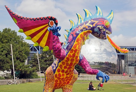 Exhibition and virtual visit on Mexico through a process "high-tech". Mexico City live to be believed. In Paris, the Parc de la Villette France. from 4 to 22 July 2015. Here an Alebrije, dragon, Mexican traditional wooden figurineのeditorial素材