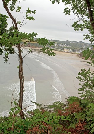 Douarnenez, a view of the beach of Ris, from the path of Plomarc'h a bad weather day (Finistere,...