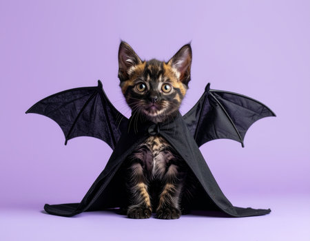 Kitten wearing bat costume on purple backgroundの素材