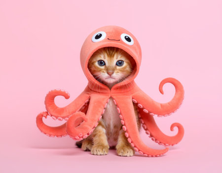 Kitten wearing a funny octopus costume on pink backgroundの素材