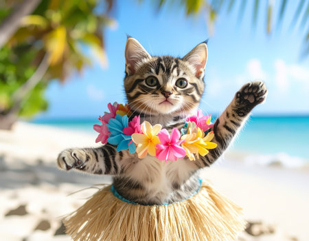 Cute cat wearing hula costume on a tropical beachの素材