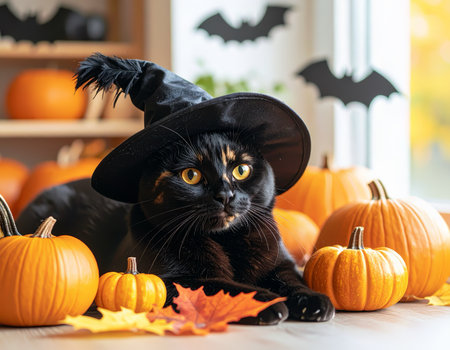 Black cat wearing a witch hat with pumpkins and Halloween decorの素材