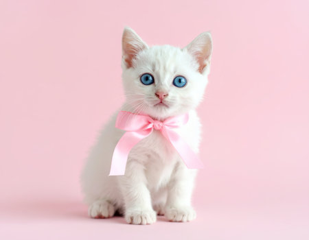 White kitten with a pink ribbon on pastel backgroundの素材