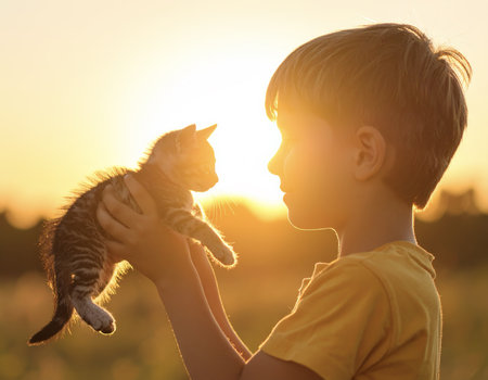 Boy holding a kitten at sunset in a warm golden lightの素材