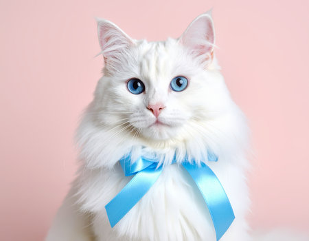 White long-haired cat with a blue ribbon on pastel backgroundの素材