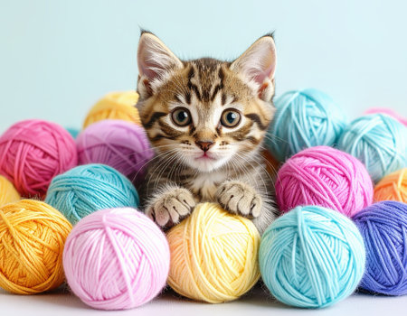 Playful kitten surrounded by colorful yarn ballsの素材