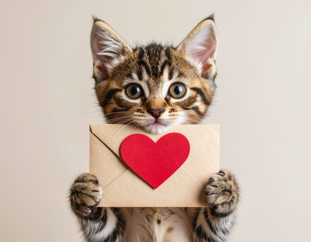 Adorable kitten with a heart envelope close-upの素材