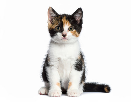 Cute calico kitten sitting on white backgroundの素材