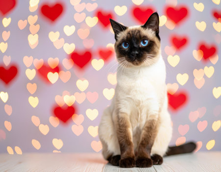 Siamese cat with heart bokeh backgroundの素材