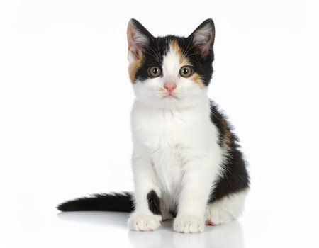 Calico kitten sitting on white backgroundの素材